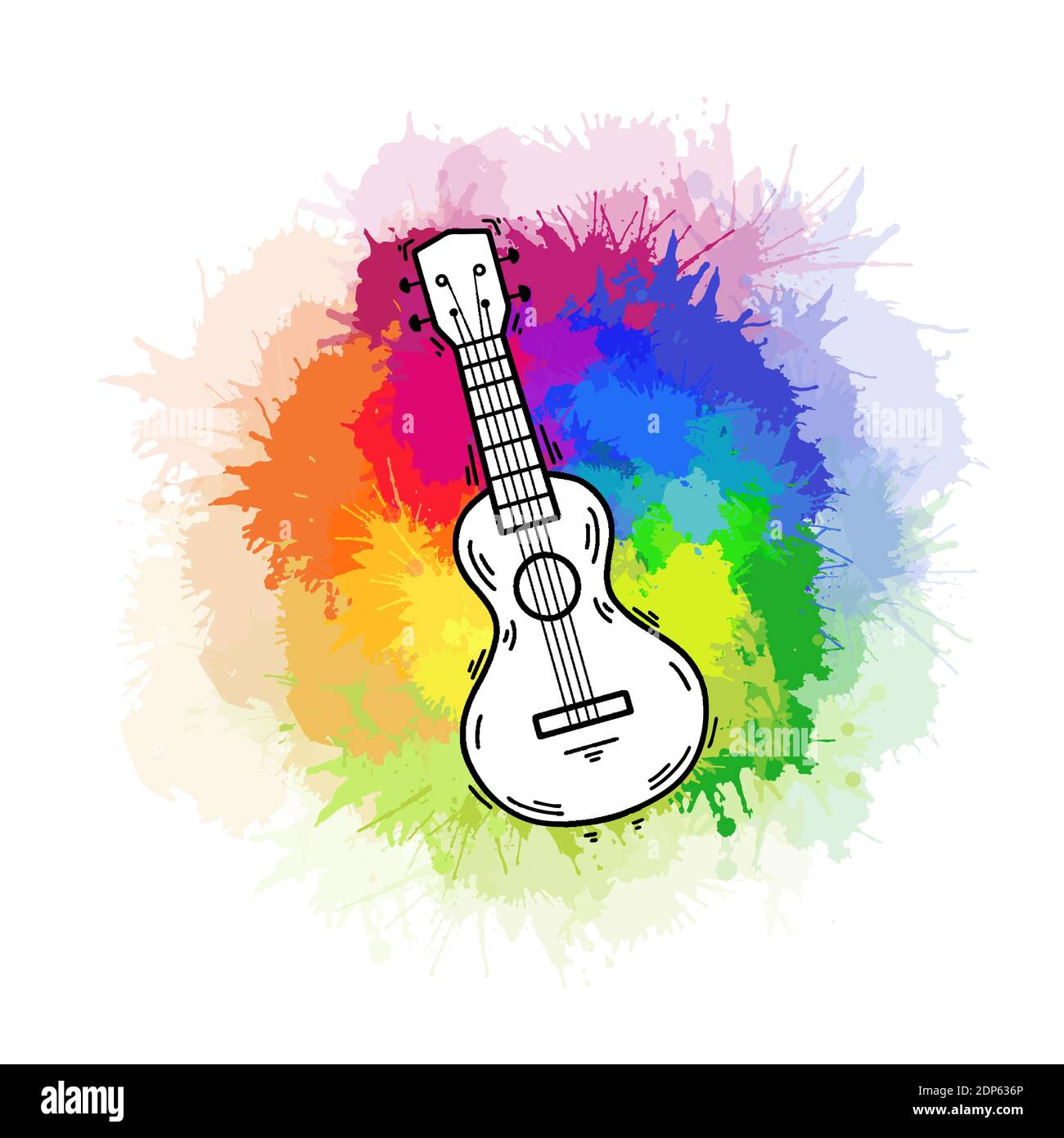 Contour color ukulele on rainbow watercolor splashes. Hawaiian music. Musical string instrument. Vector outline element for postcards, banners, sticke Stock Vector