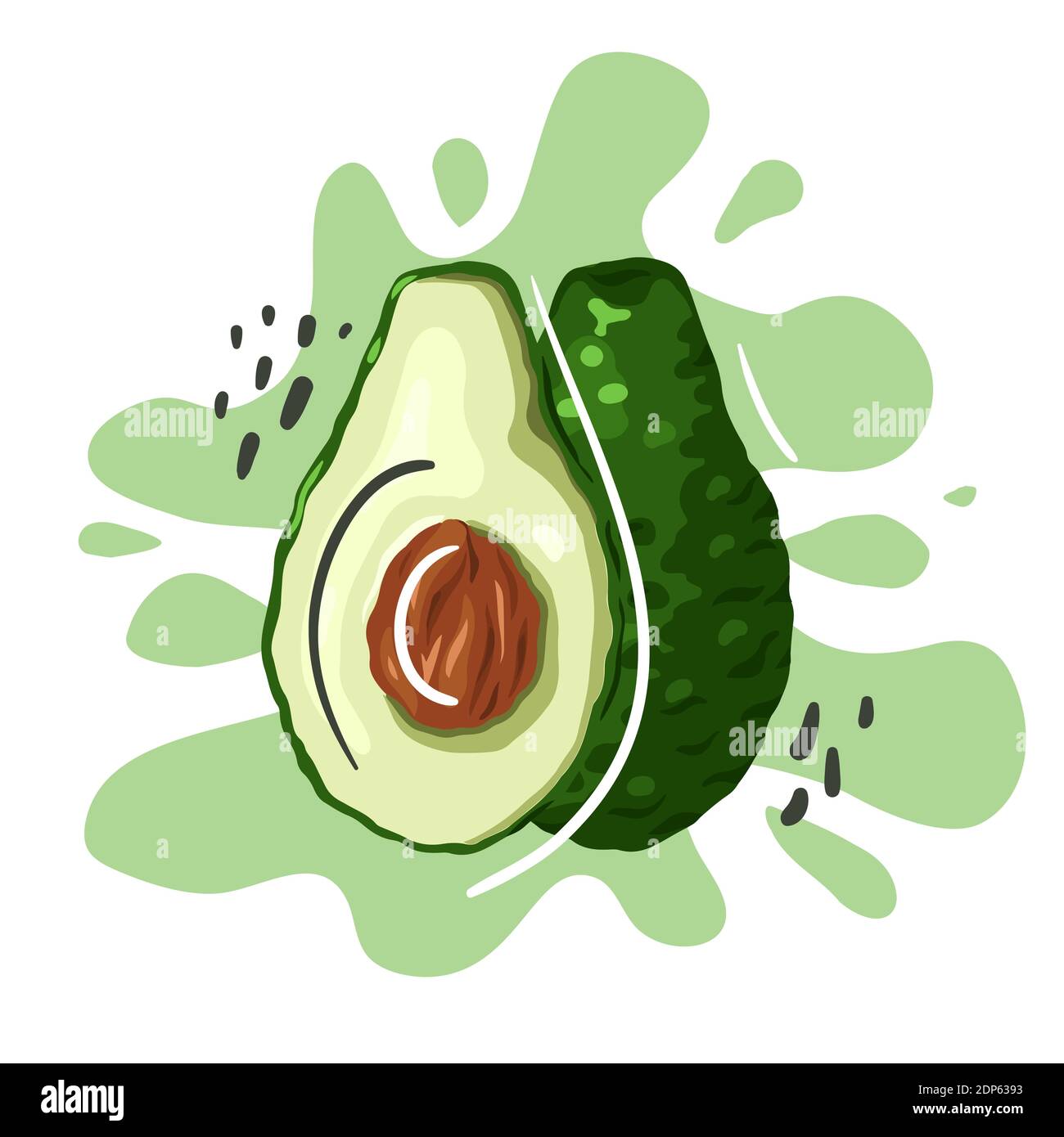 Hand drawn flat avocado with abstract lines and dots on green splash. Healthy food. Vegetable for vegetarianism. Vector trending illustration for menu Stock Vector