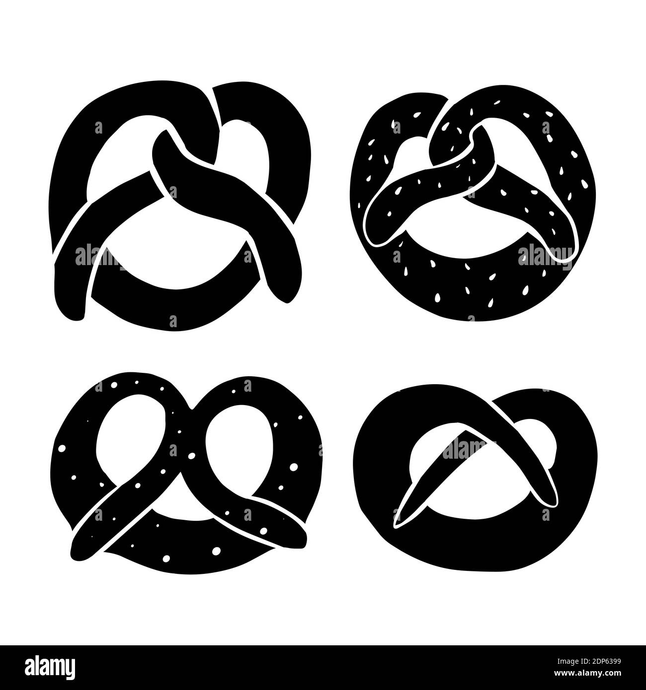 Set of different black pretzel silhouettes. Bovarian treats. Traditional German cuisine. Set of icons. Vector element for logos and your design Stock Vector