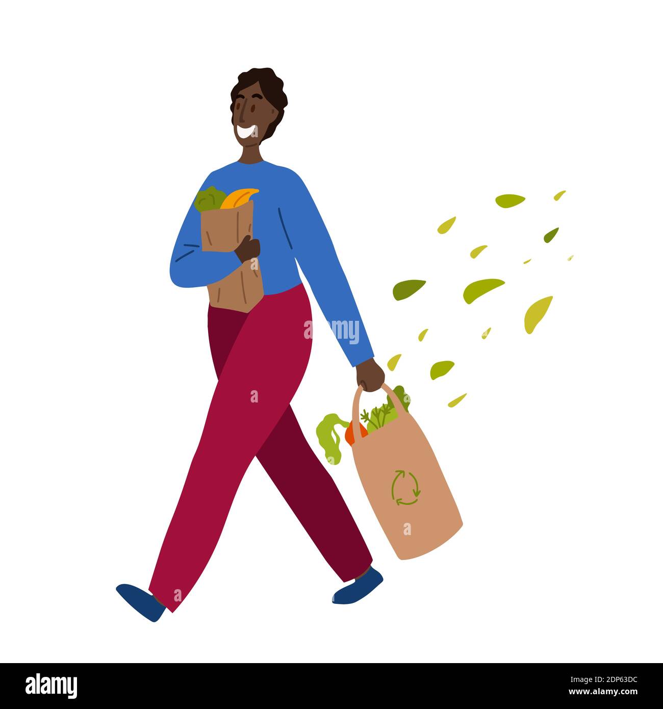 Walking happy african man with purchases in hands and foliage. Buying food and vegetables. Vegetarianism and Zero Waste lifestyle. Vector flat illustr Stock Vector