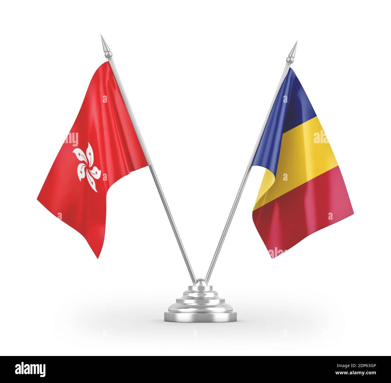 Romania and Hong Kong table flags isolated on white 3D rendering Stock Photo