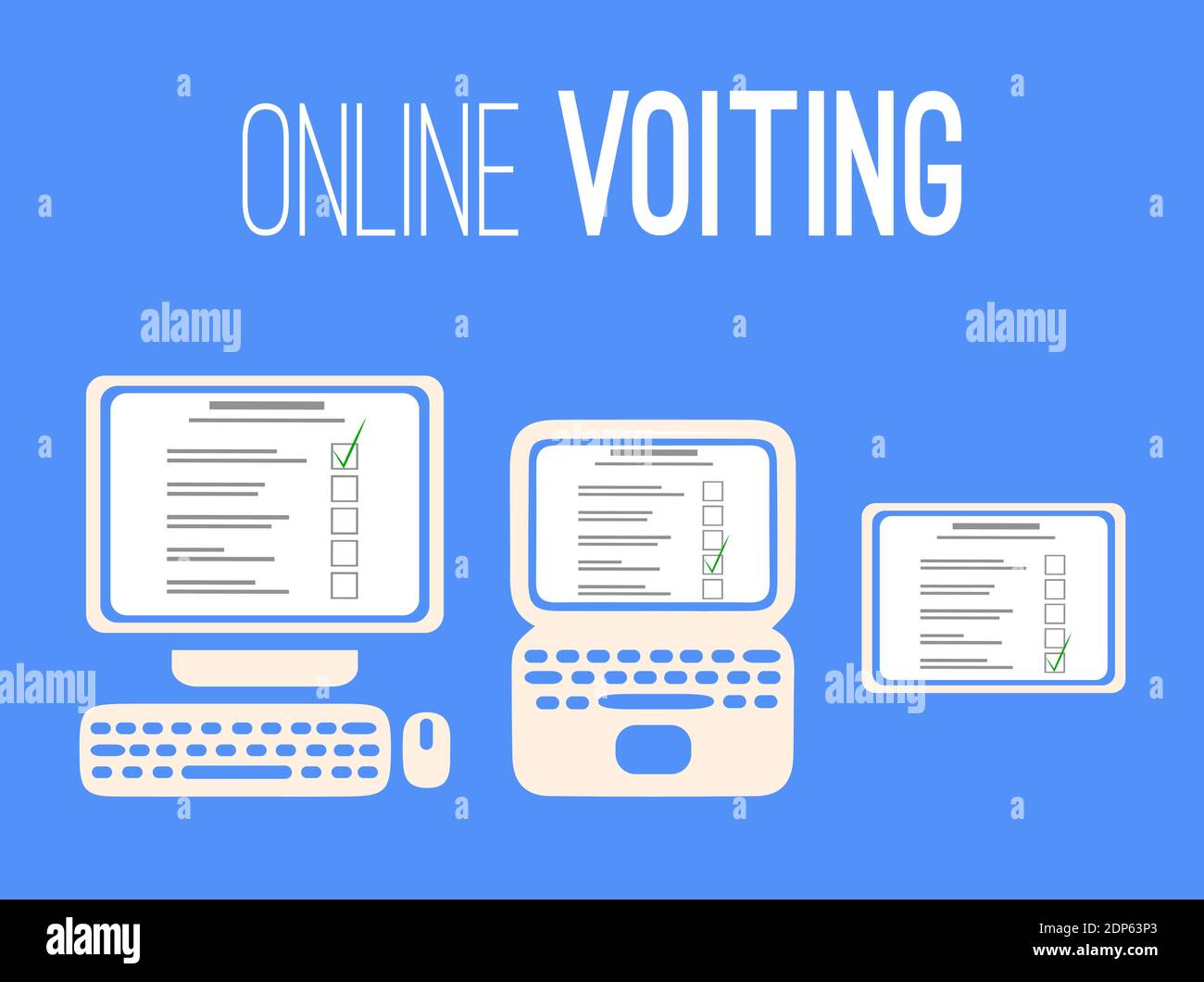 Online voting in self isolation. Silhouettes of a computer, laptop and tablet with a voting list on a blue background. People choice. Vector postcard Stock Vector