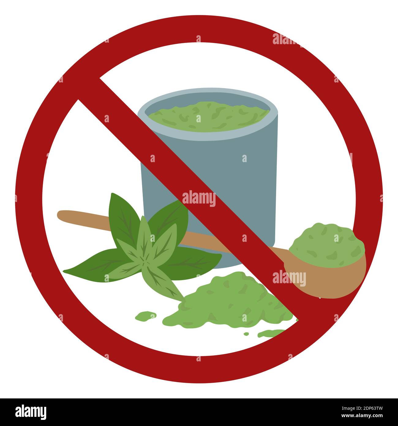 Ban on Japanese matcha tea. Green tea with spoon of powder, foliage in a prohibition sign. Allergy risk. Vector forbidden sign for stickers, icons, ba Stock Vector