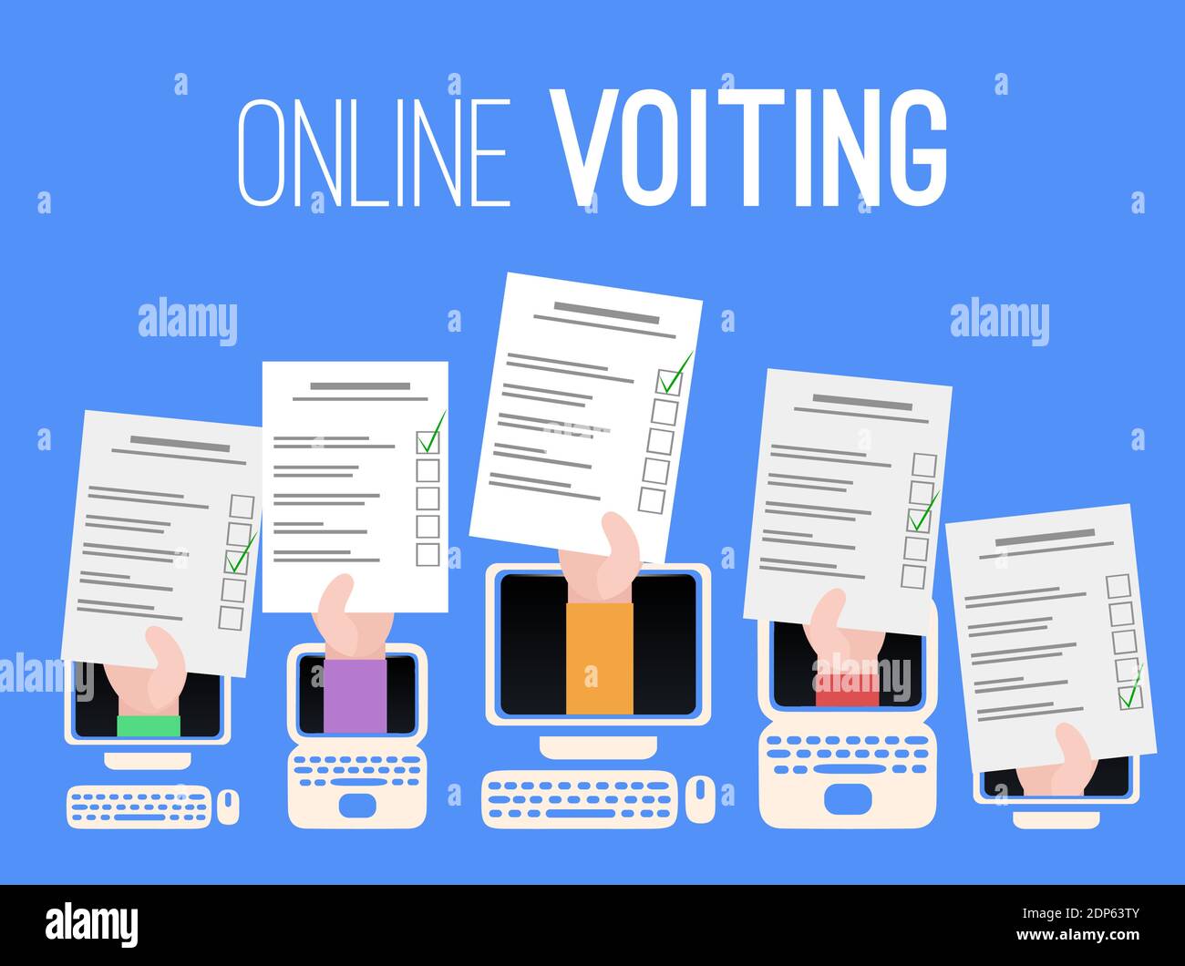 Online voting in self isolation. Silhouettes of a computer, laptop and tablet with rice hand with voting list on blue background. People choice. Vecto Stock Vector