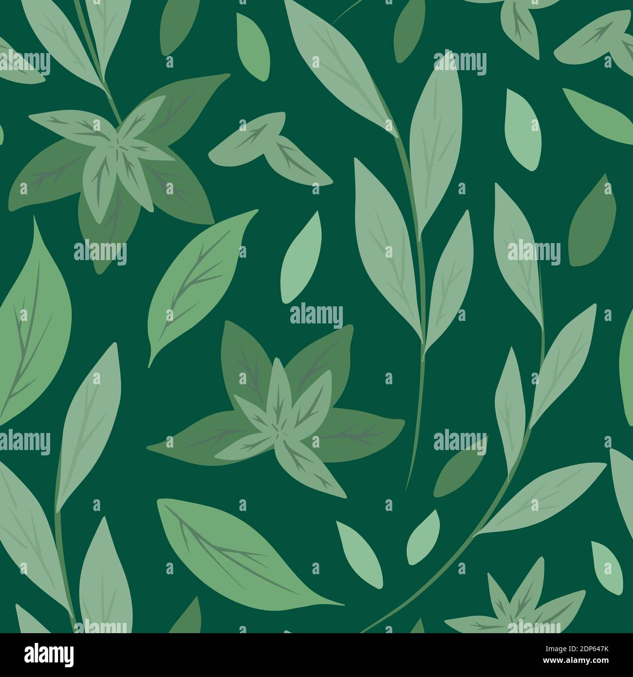 Seamless pattern with simple green leaves and branches on green background. Herbal natural background. Green tea and mint. Vector flat hand drawn text Stock Vector