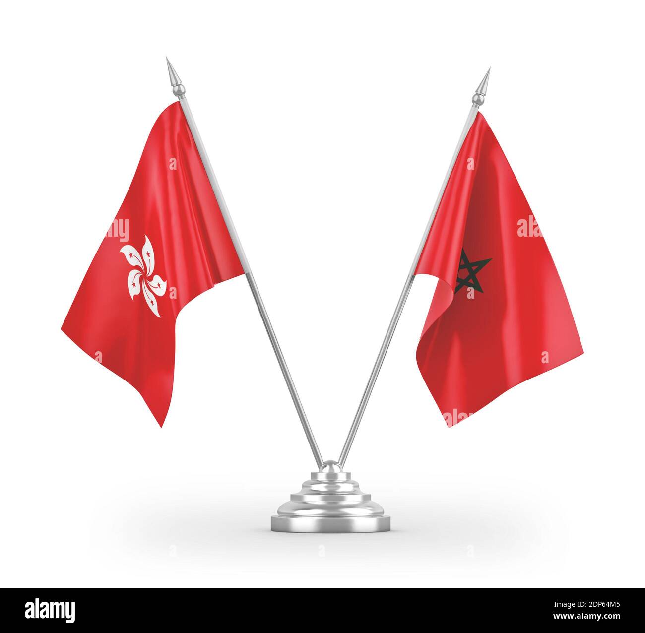 Morocco and Hong Kong table flags isolated on white 3D rendering Stock Photo