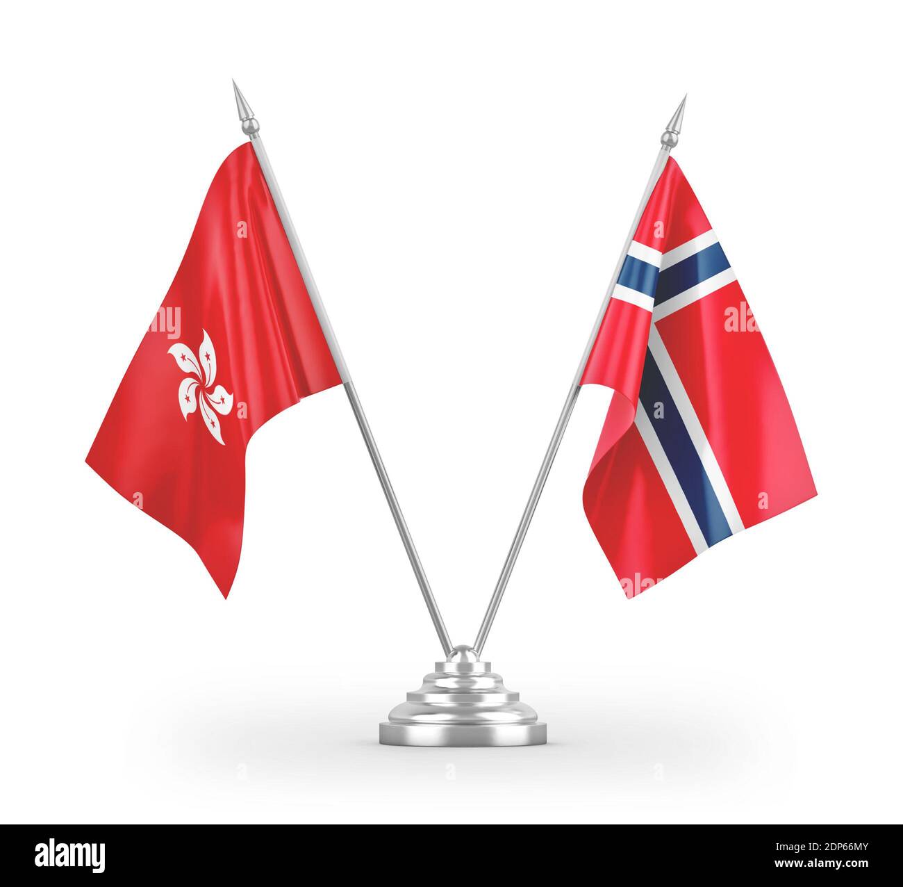 Norway and Hong Kong table flags isolated on white 3D rendering Stock Photo