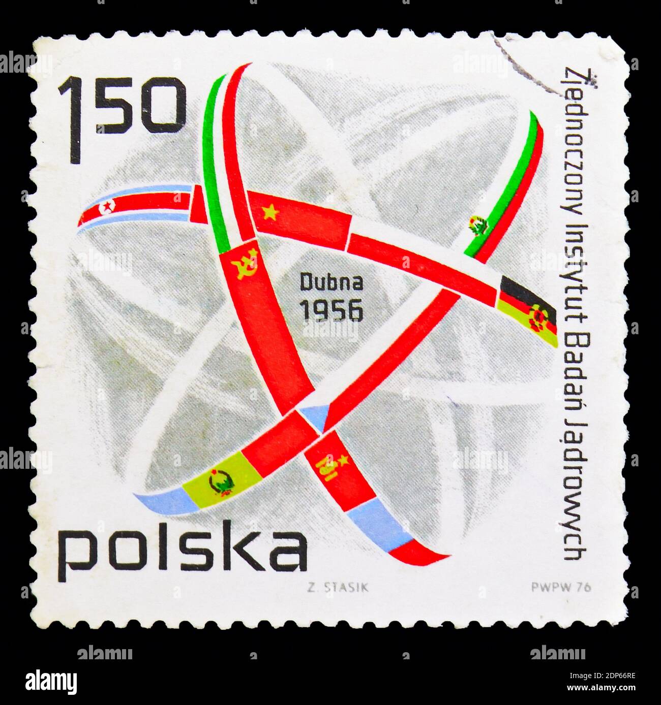MOSCOW, RUSSIA - SEPTEMBER 15, 2018: A stamp printed in Poland shows Joint Institute of Nuclear Research, Dubna, USSR, 20th anniversary, circa 1976 Stock Photo