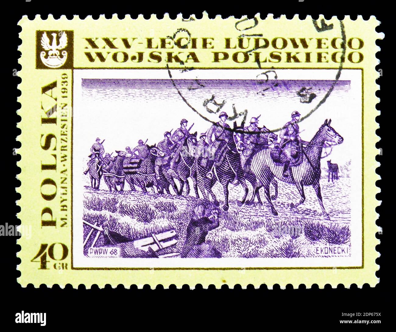 MOSCOW, RUSSIA - SEPTEMBER 15, 2018: A stamp printed in Poland shows 'September, 1939' by M. Bylina, Paintings Polish People's Army, 25th Anniversary Stock Photo