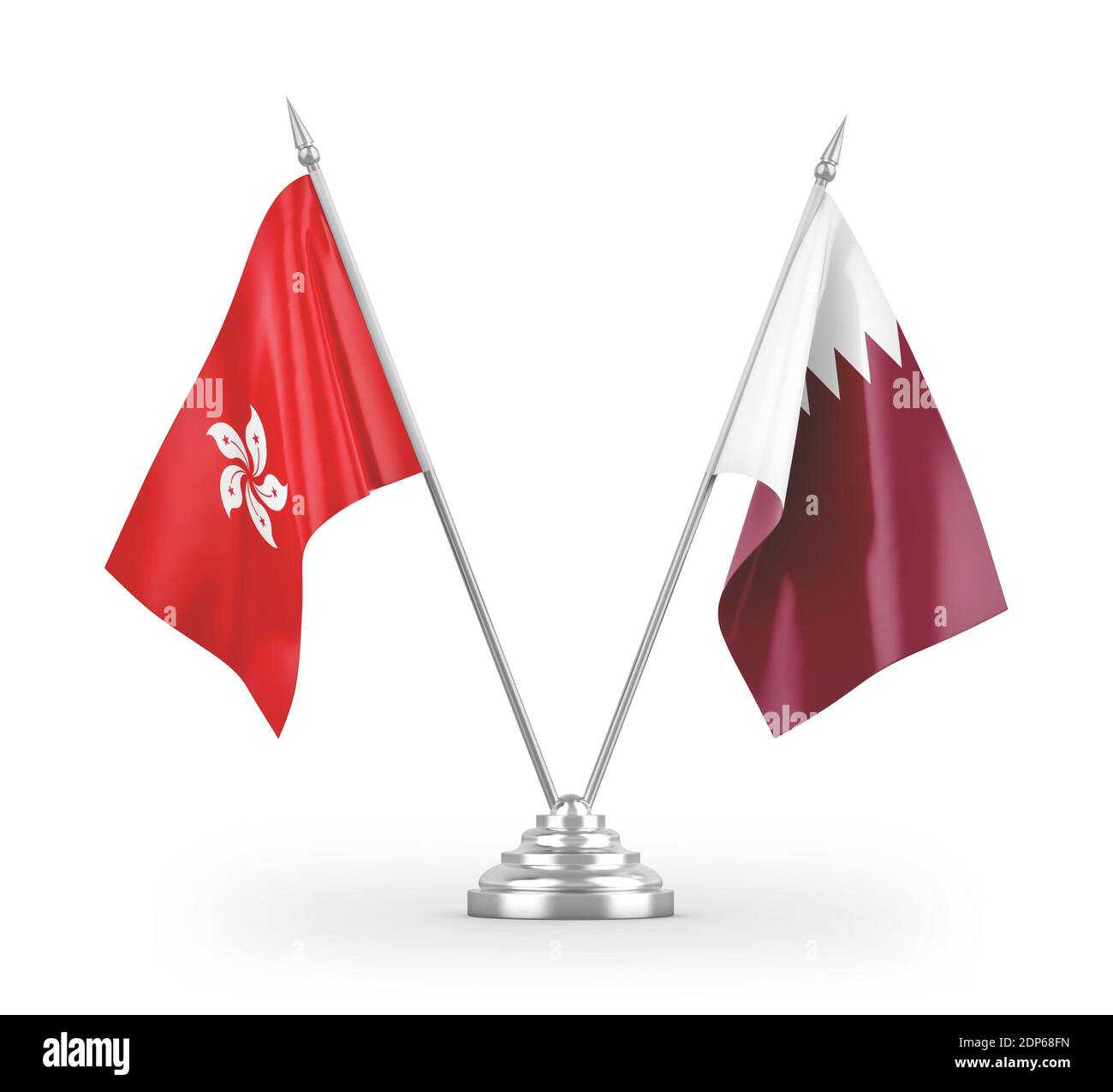 Qatar and Hong Kong table flags isolated on white 3D rendering Stock Photo