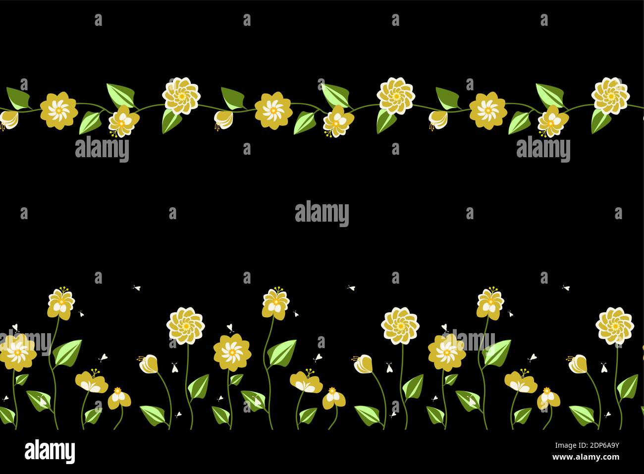 Summer flowers in different forms with meadow bugs. There are 2 seamless patterns Stock Vector