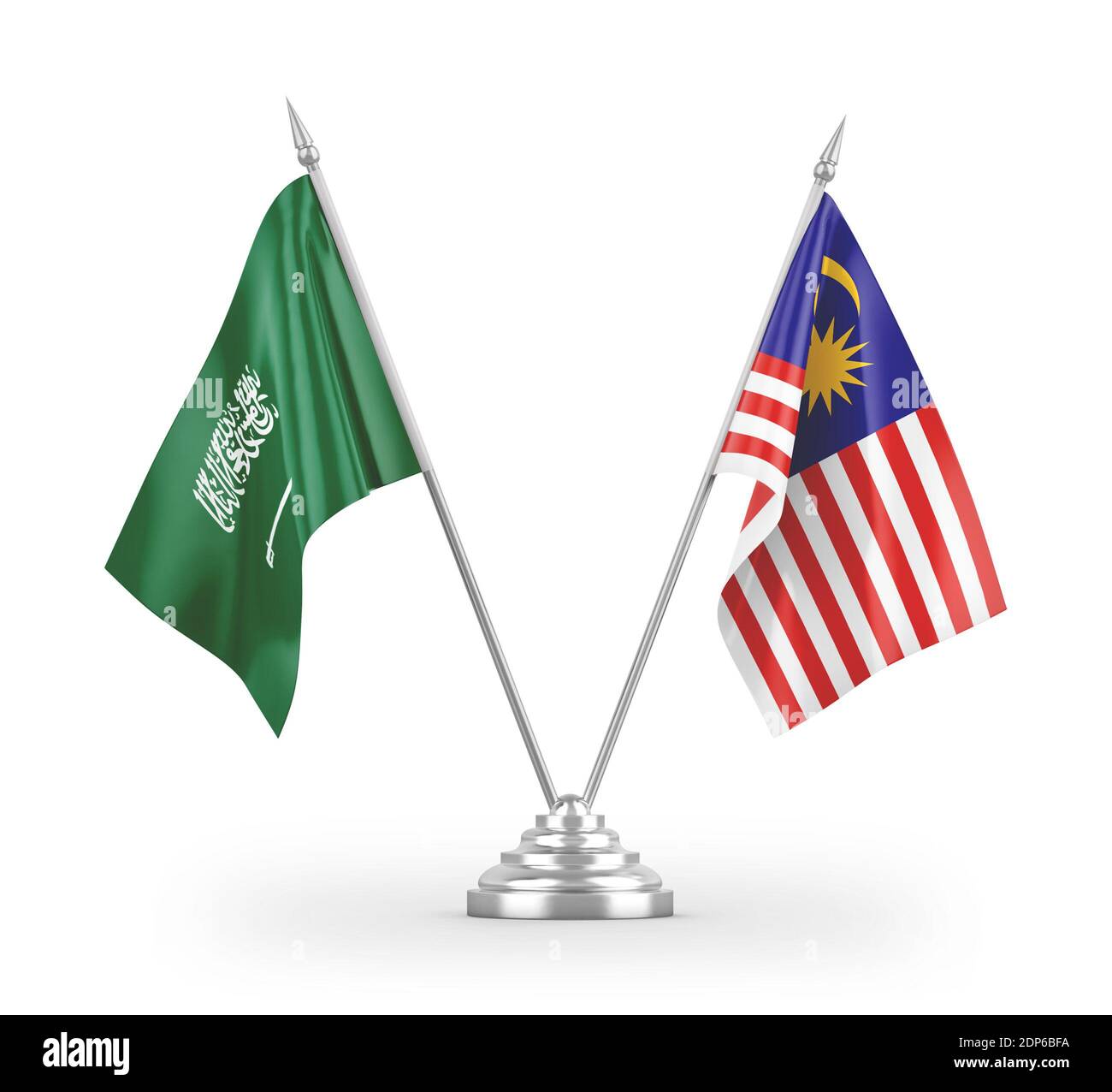Malaysia and Saudi Arabia table flags isolated on white 3D rendering Stock Photo