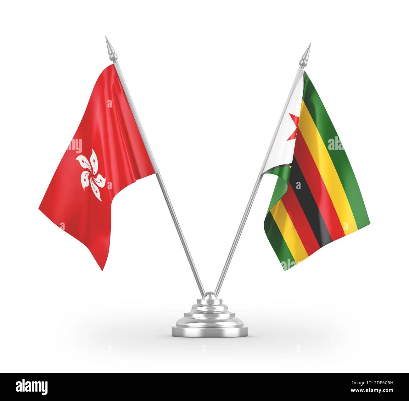 Zimbabwe and Hong Kong table flags isolated on white 3D rendering Stock Photo