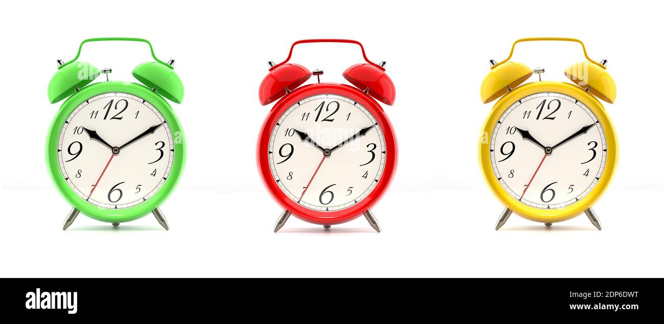 Set of three vintage alarm clocks in green, red and yellow, with