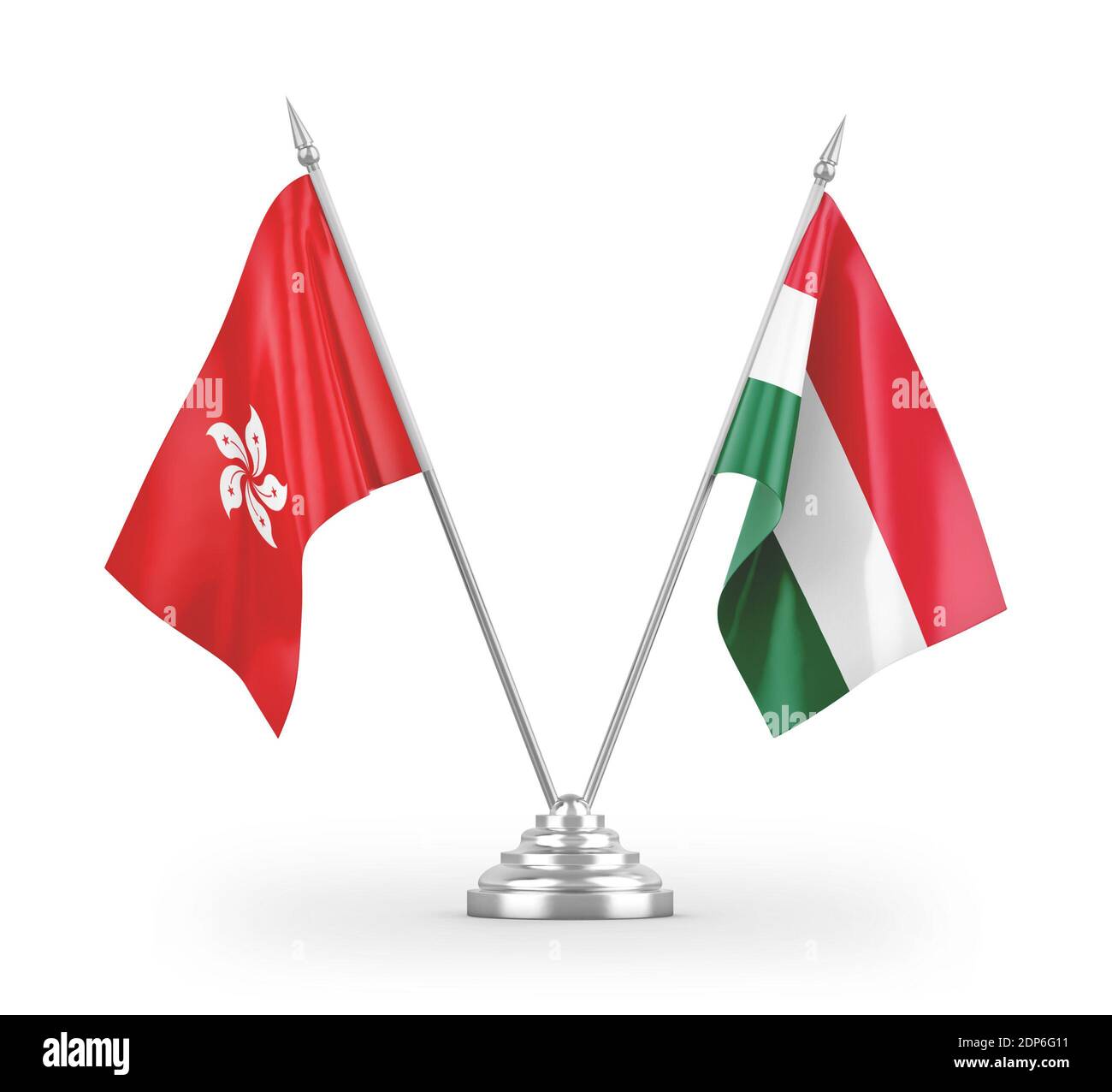 Hungary and Hong Kong table flags isolated on white 3D rendering Stock Photo