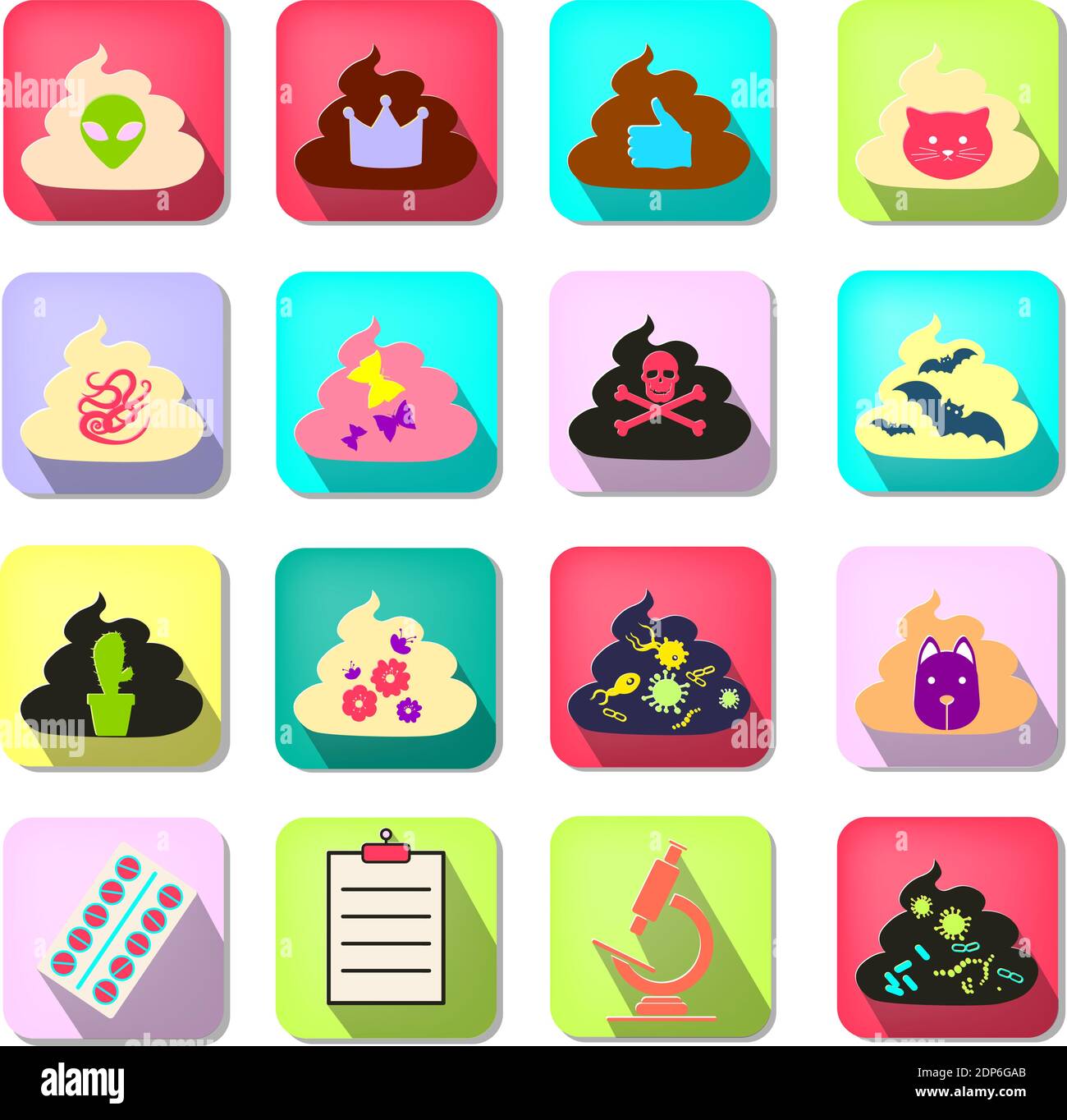 Medical test humor results icons with feces in extremly bright colors ...