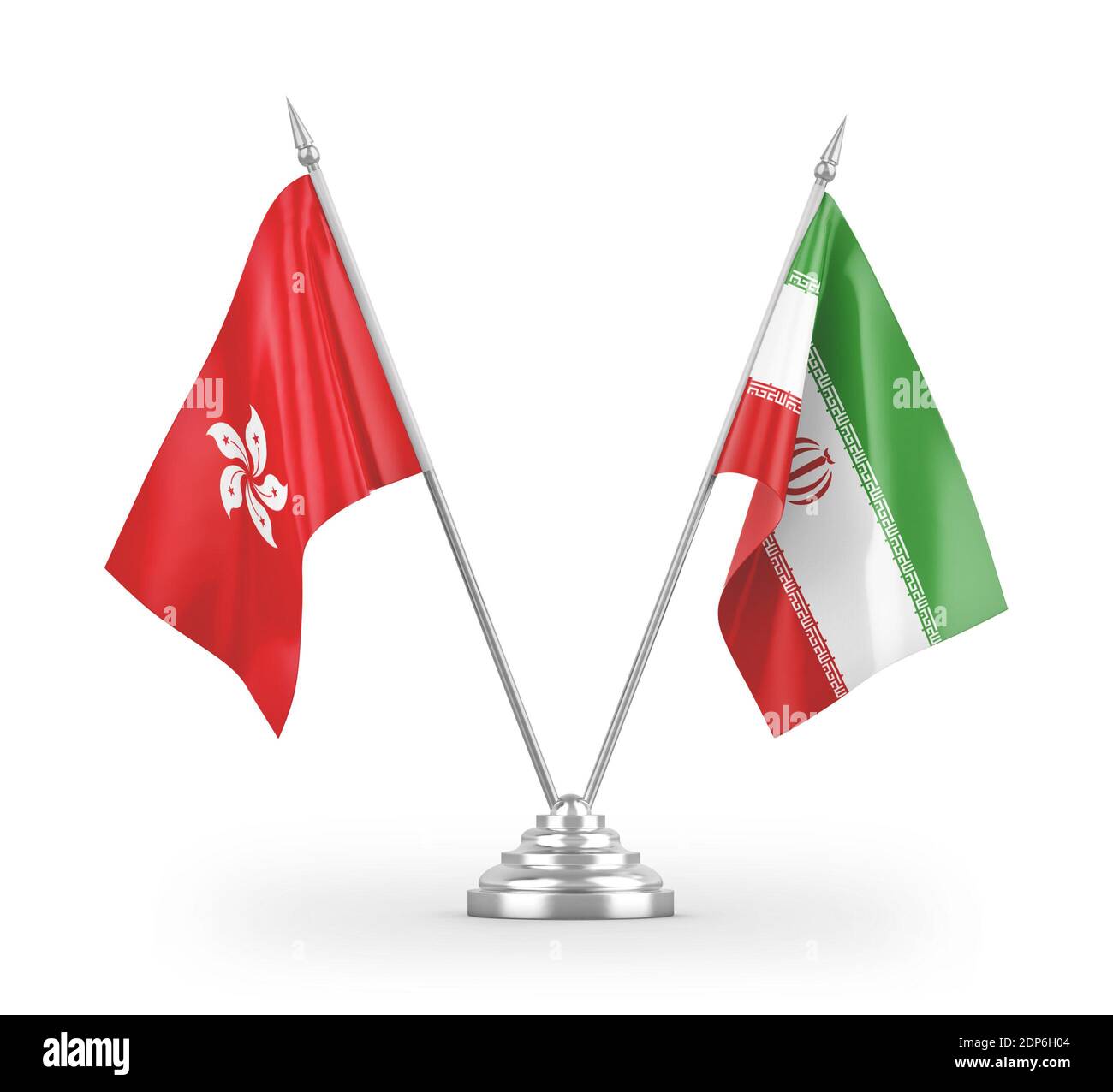 Iran and Hong Kong table flags isolated on white 3D rendering Stock Photo