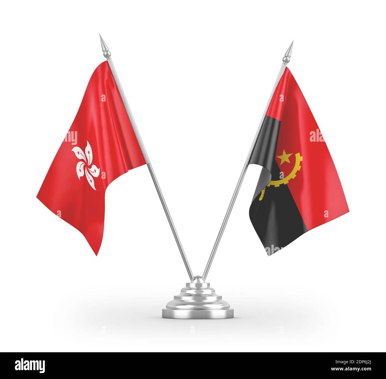 Angola and Hong Kong table flags isolated on white 3D rendering Stock Photo