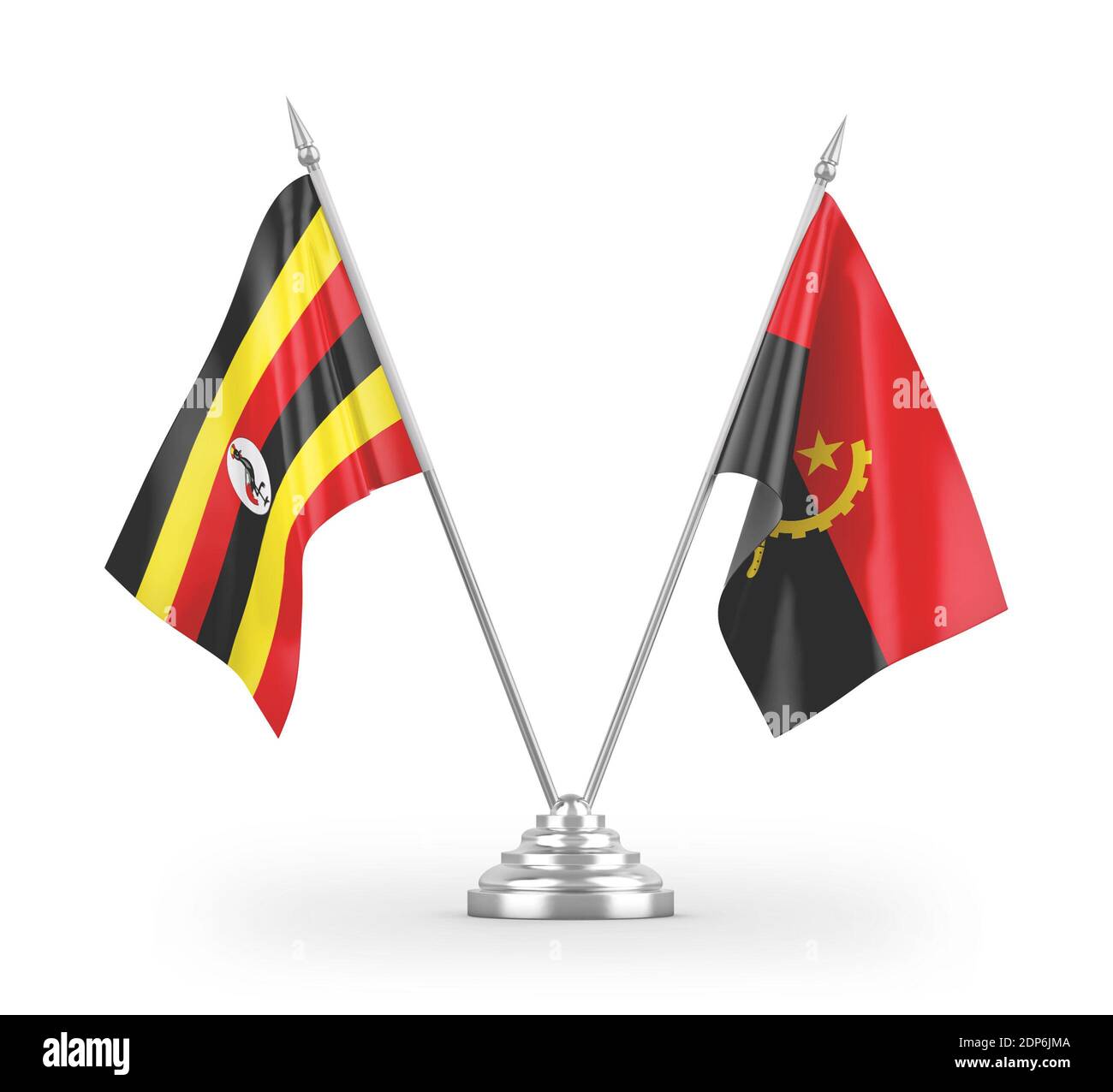 Angola and Uganda table flags isolated on white 3D rendering Stock ...