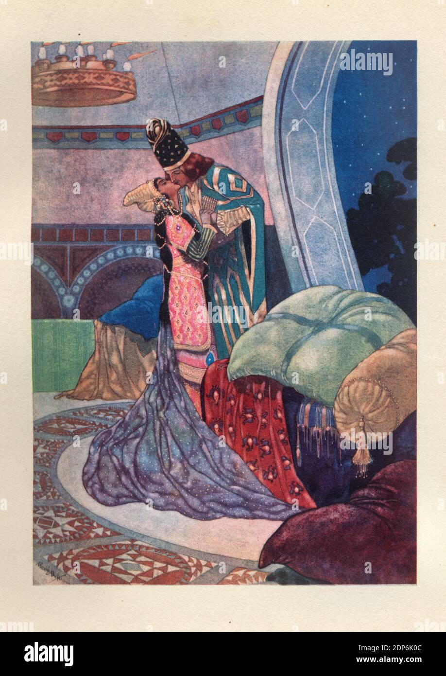 Scene from the ballet Thamar (Tamara) by Mily Balakirev. Orientalism, Young lovers kissing passionately, Romance Stock Photo
