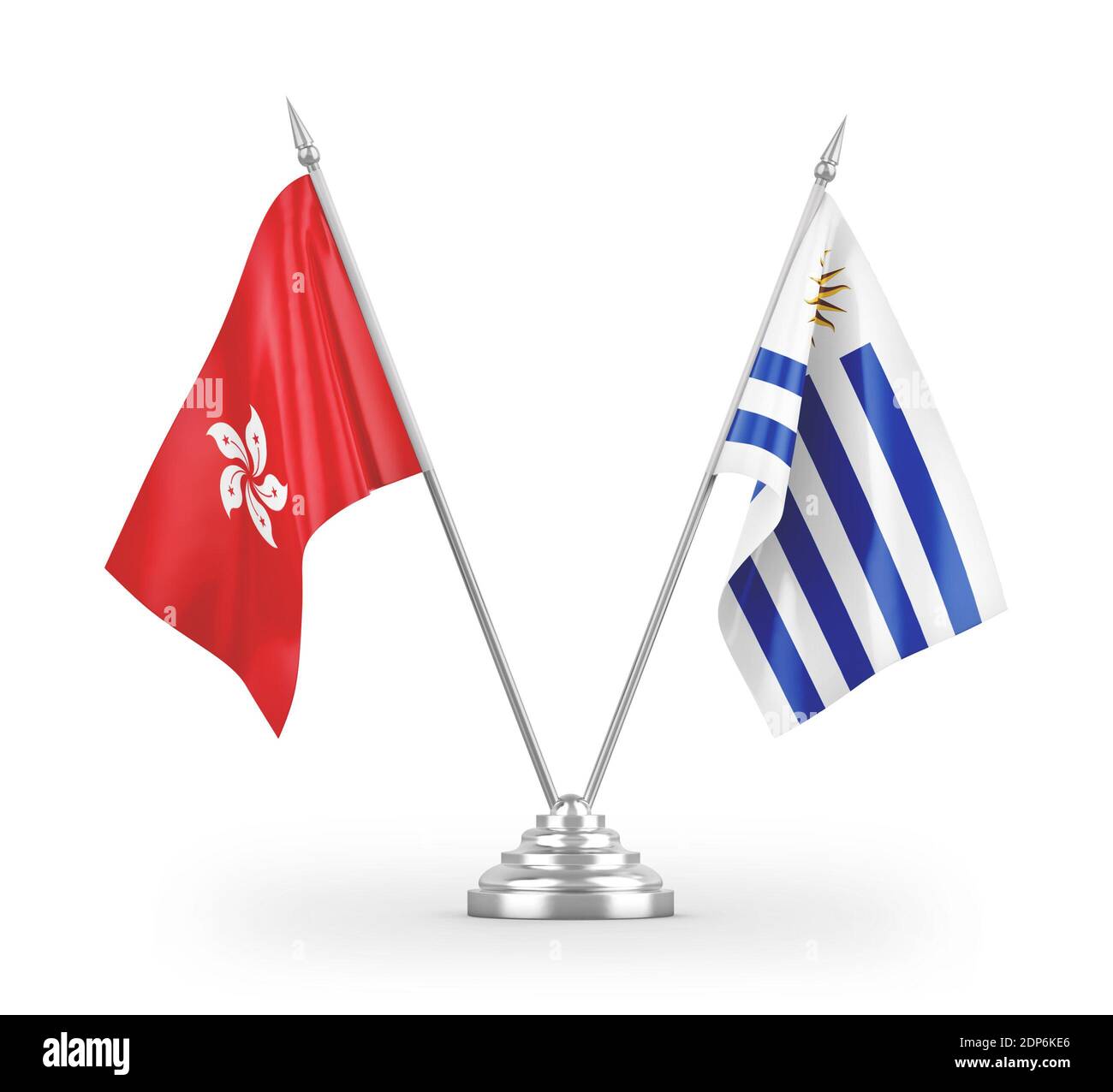 Uruguay and Hong Kong table flags isolated on white 3D rendering Stock Photo