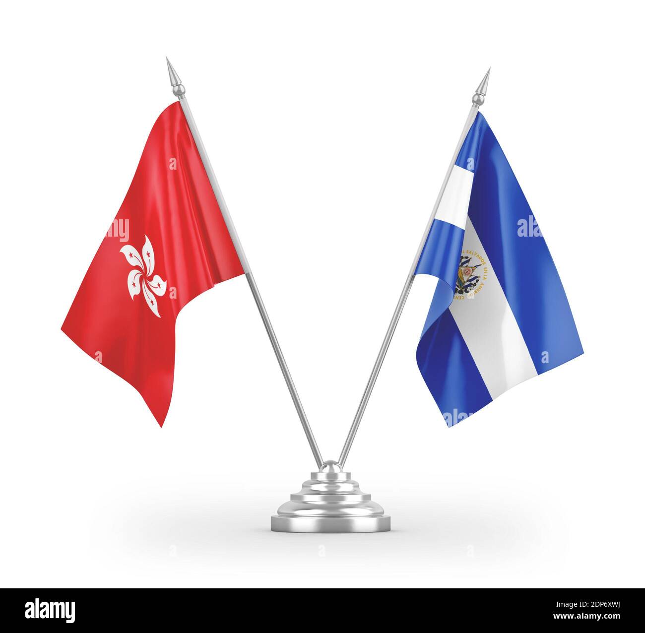 El Salvador and Hong Kong table flags isolated on white 3D rendering Stock Photo