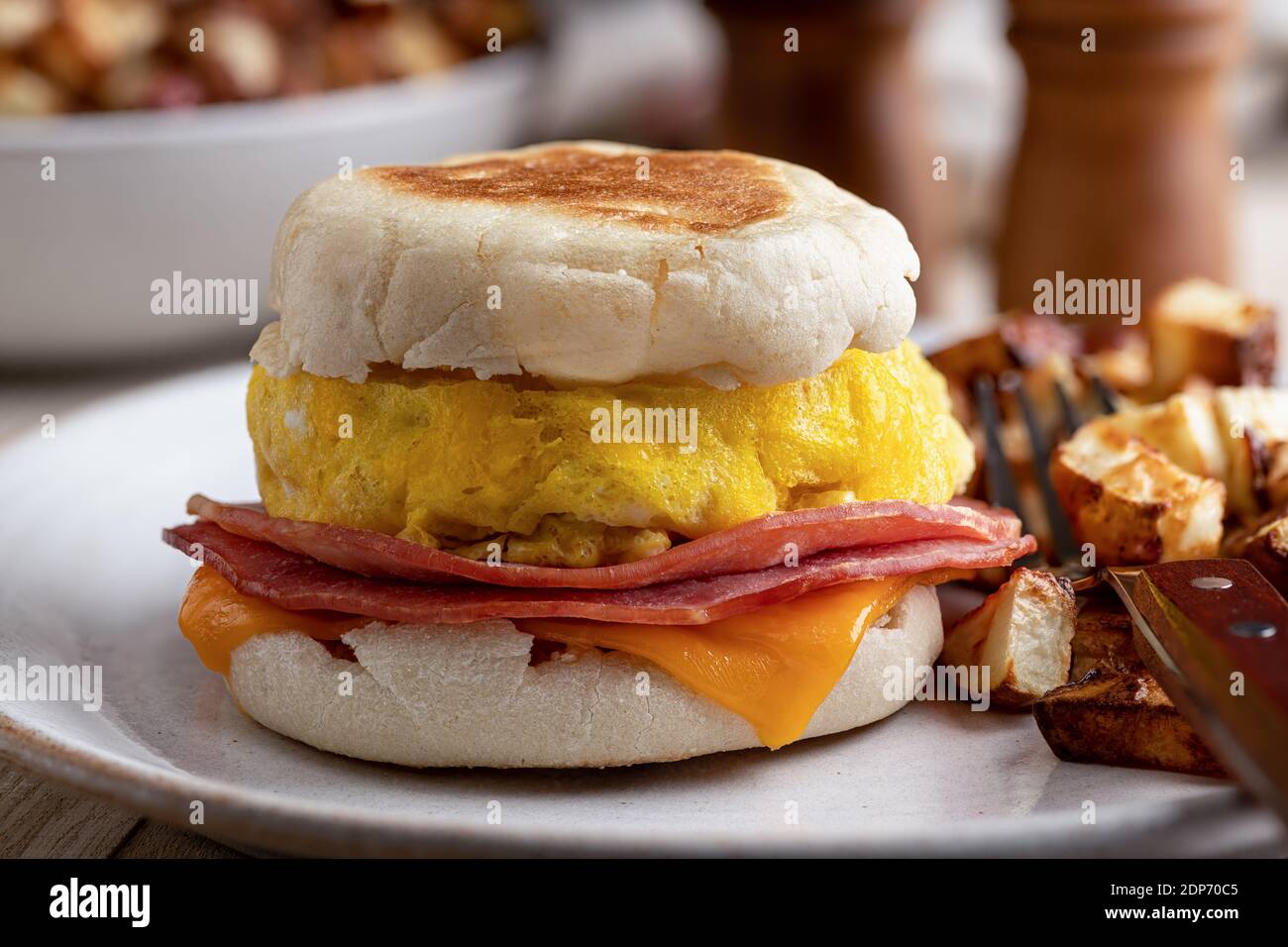 Closeup of a breakfast sandwich with egg, ham and cheese on an english ...