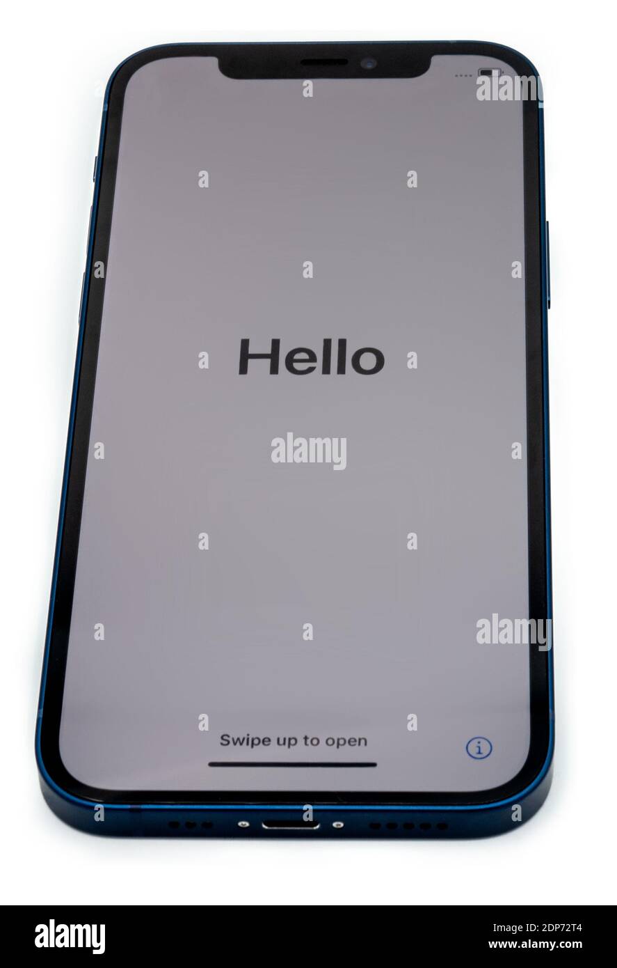 Ostfildern - Germany, December 5, 2020: Apple iPhone 12 in blue colour with slight shadows on perfectly white background. The phone is showing the Stock Photo