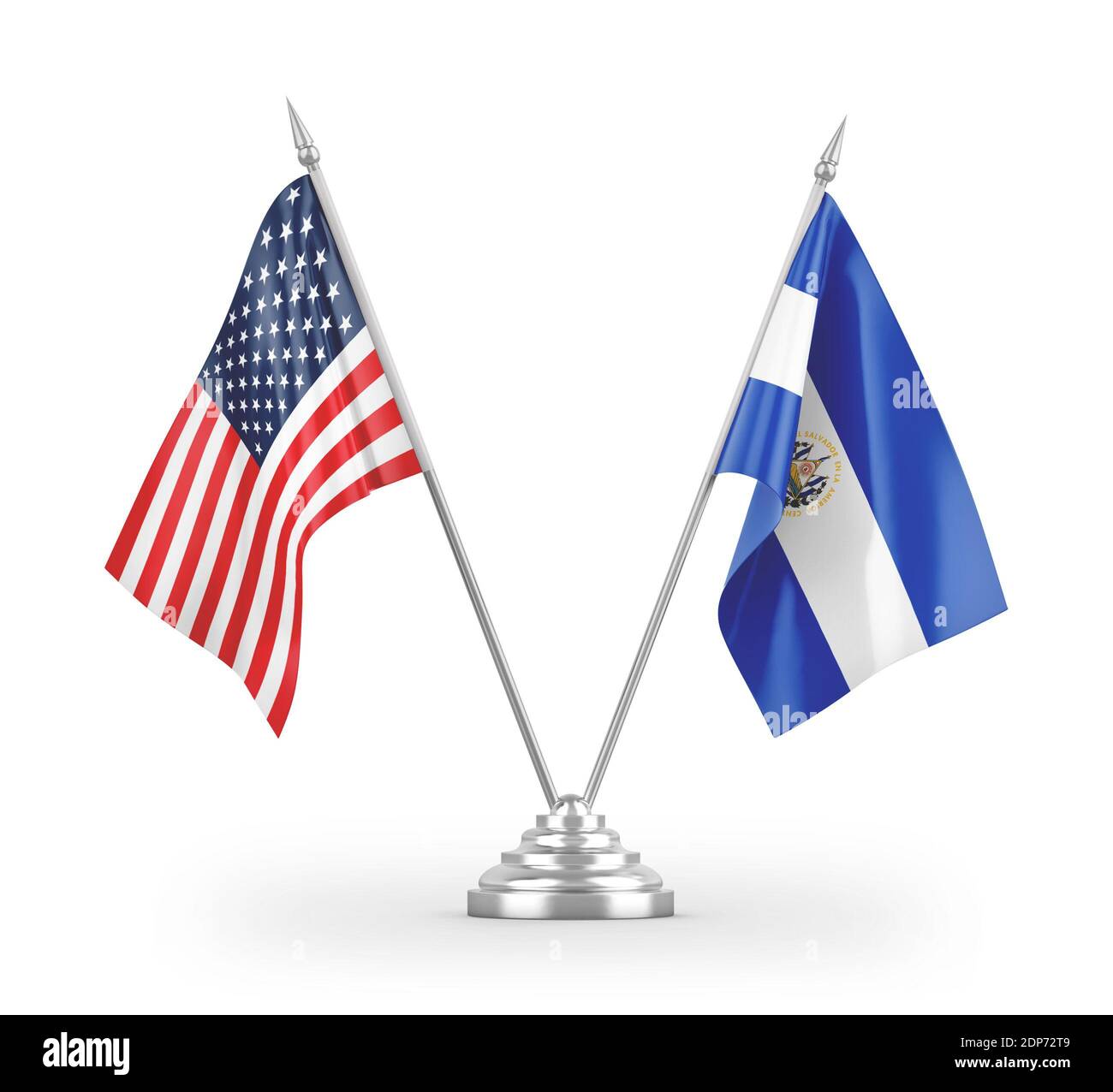 El Salvador and United States table flags isolated on white 3D rendering Stock Photo
