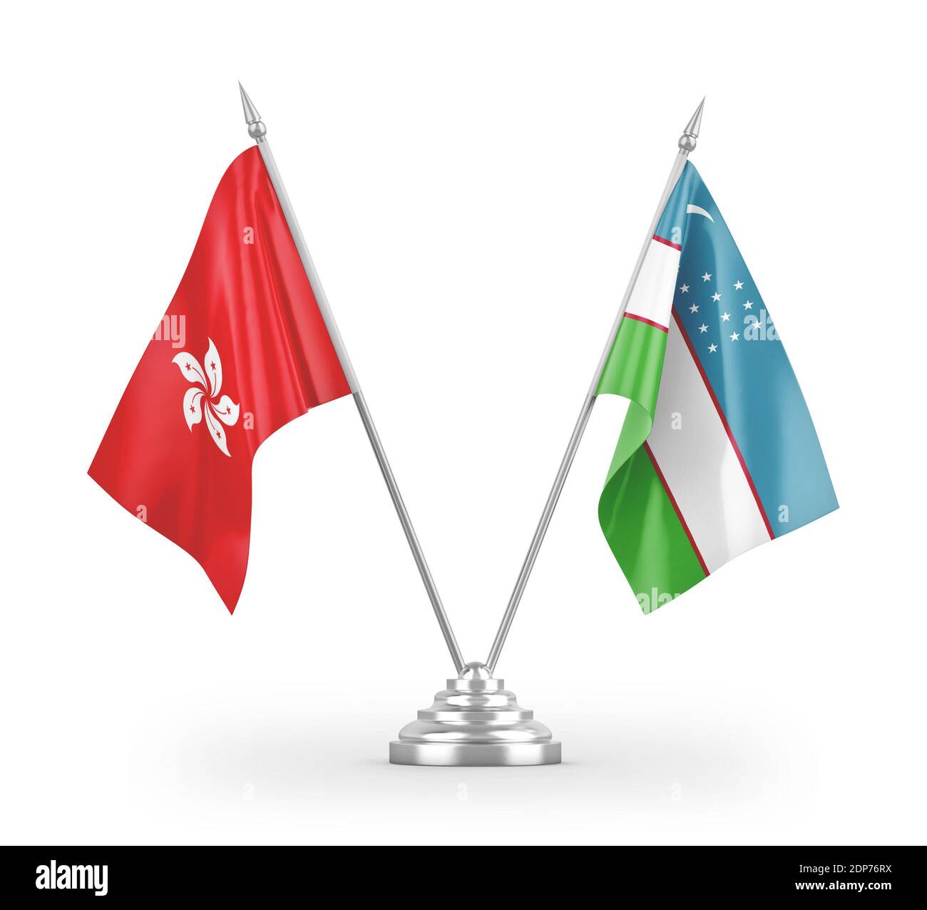 Uzbekistan and Hong Kong table flags isolated on white 3D rendering Stock Photo