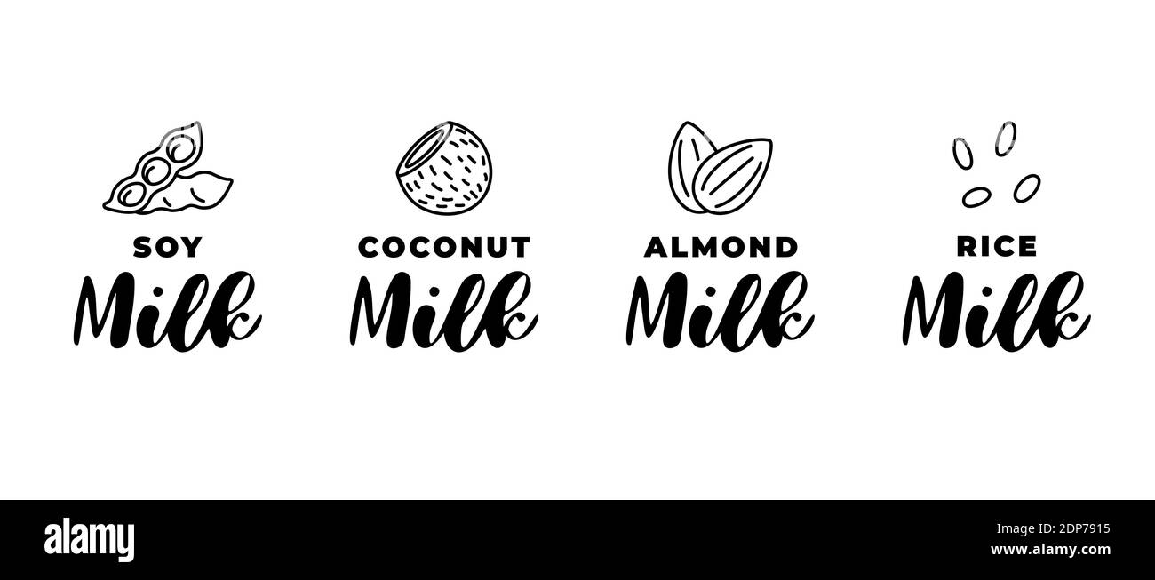 Soy, almond, coconut and rice milk logo set. Packaging linear badge design element set. Hand drawn healthy vegan drinks isolated logotype collection vector illustration Stock Vector