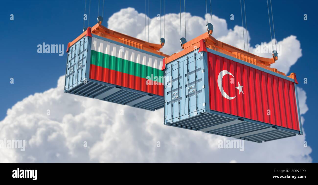 Freight containers with Bulgaria and Turkey national flags. 3D Rendering Stock Photo