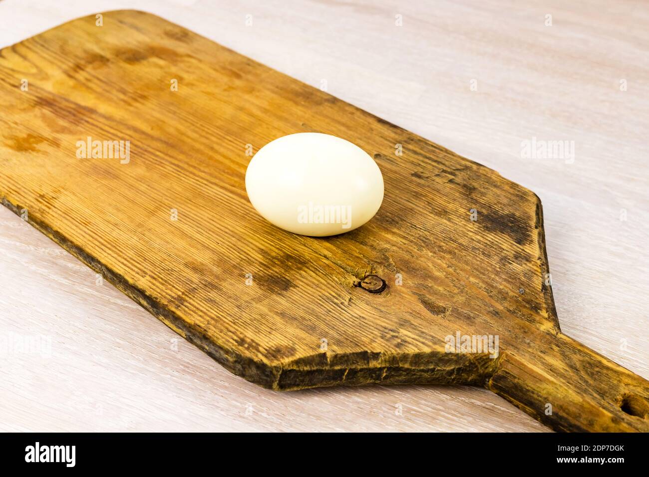 White Chicken Egg Hard Boiled Peeled On Old Rusti C Wooden Cutting Board On White Table Background Close Up Selective Focus Copy Space Stock Photo Alamy