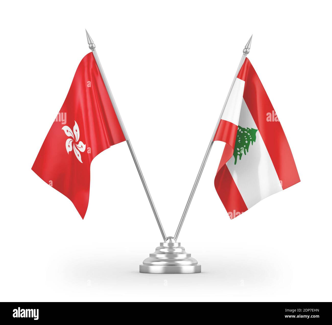Lebanon and Hong Kong table flags isolated on white 3D rendering Stock Photo