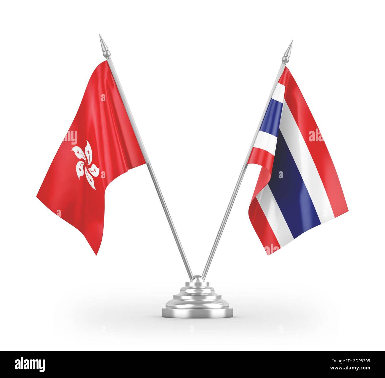 Thailand and Hong Kong table flags isolated on white 3D rendering Stock Photo