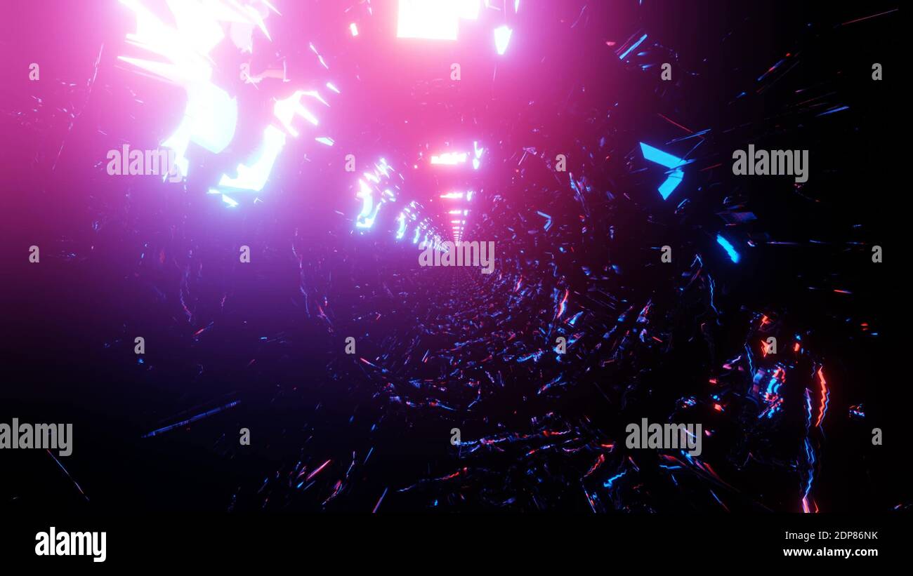 Glowing red and blue moving neon lights tunnel hole 3d illustration