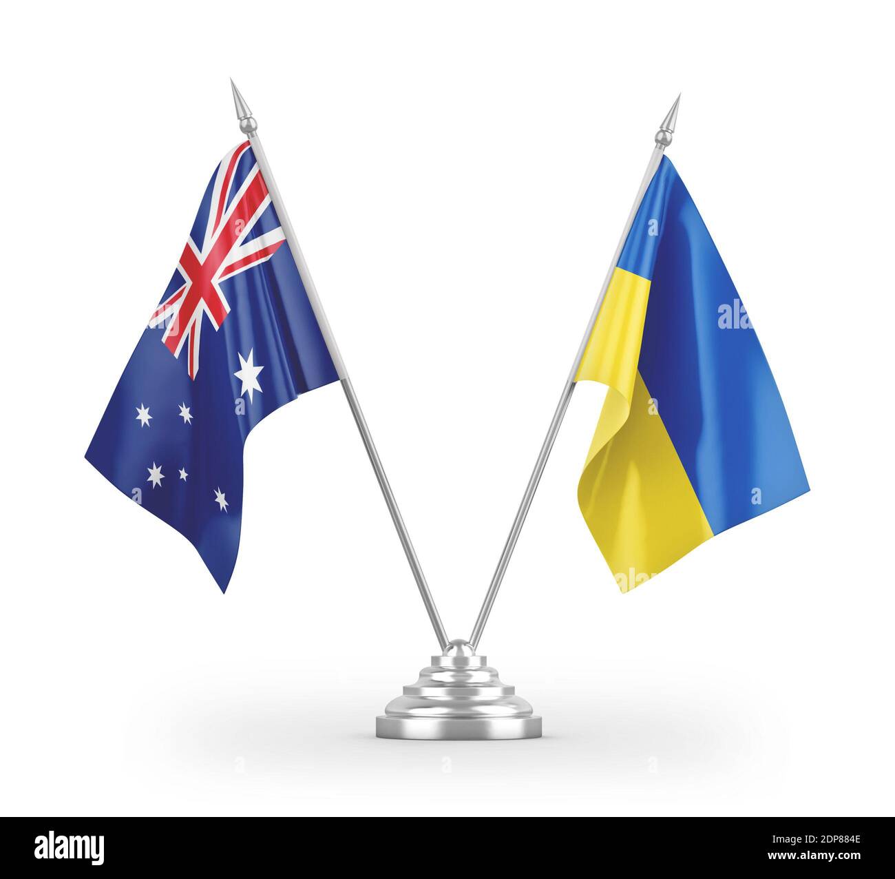 Ukraine and Australia table flags isolated on white 3D rendering Stock Photo