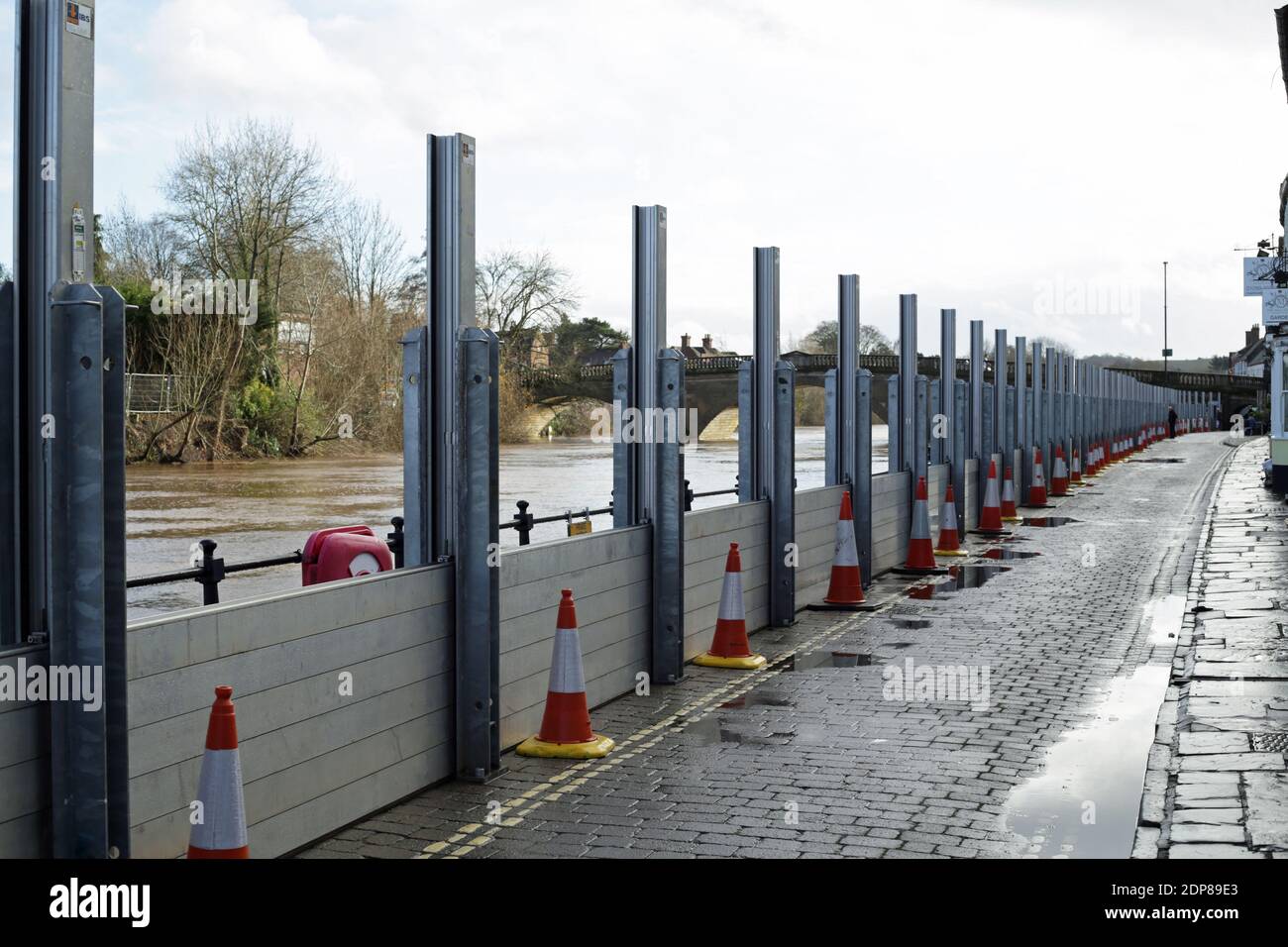Flood defences being erected along the river Severn at Bewdley