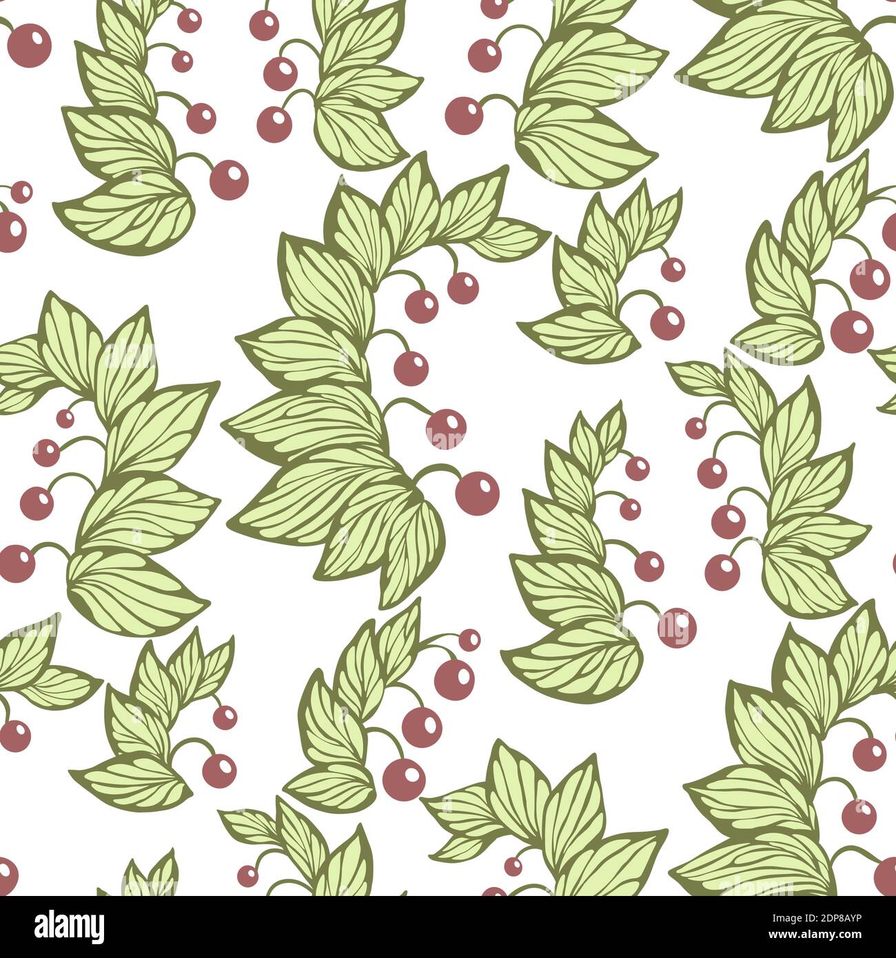 Vector seamless pattern with lily flower plants in green and red colors. There are herbals with red berries in pattern Stock Vector
