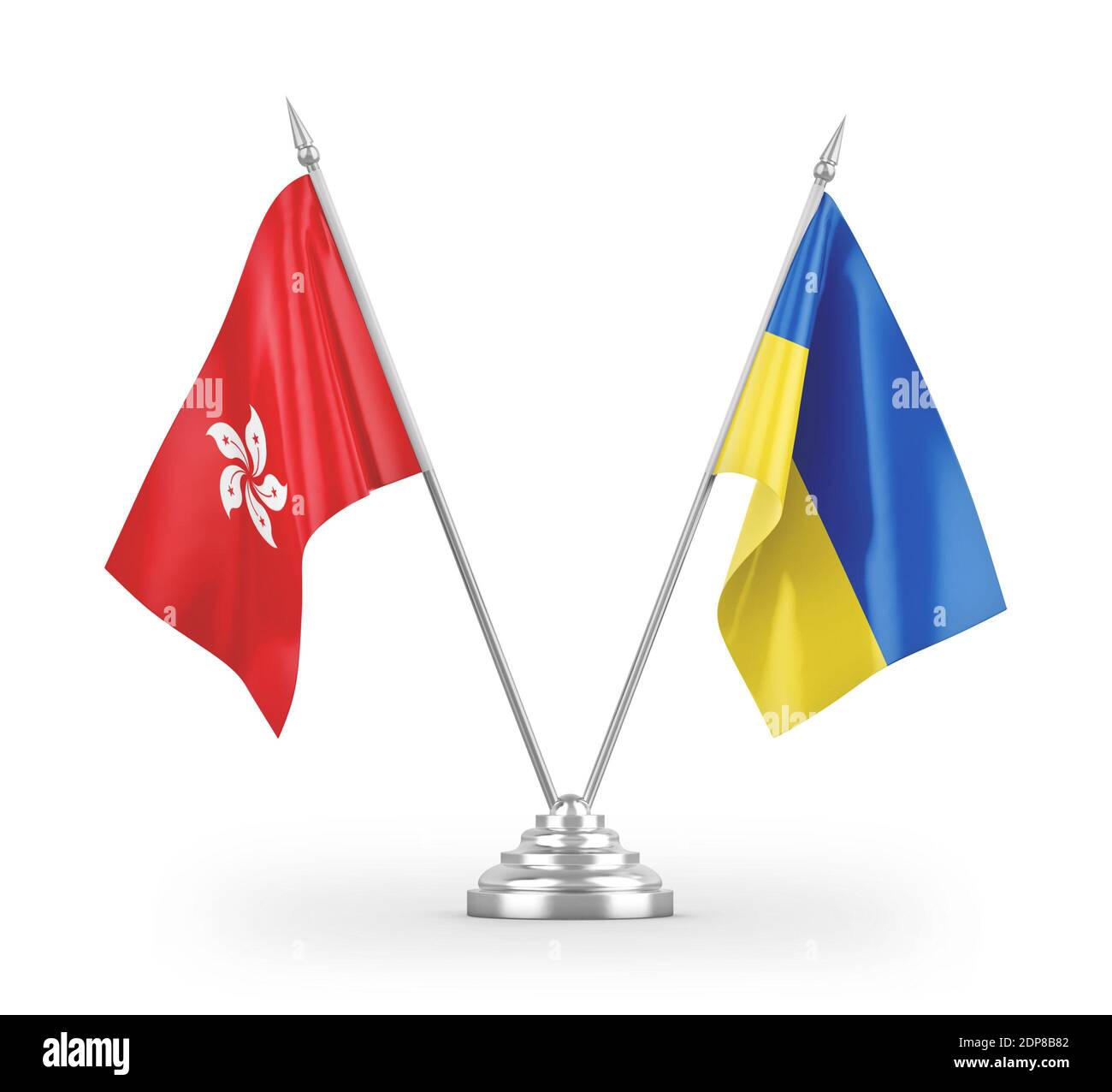 Ukraine and Hong Kong table flags isolated on white 3D rendering Stock Photo