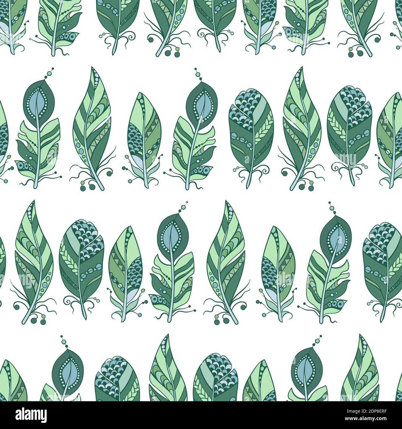 Seamless pattern in marine colors with horizontal lines of  feathers in tribal stye with beads in vector graphic Stock Vector