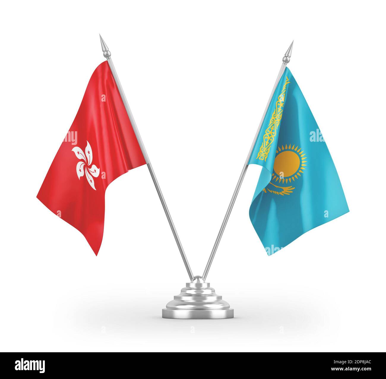 Kazakhstan and Hong Kong table flags isolated on white 3D rendering Stock Photo