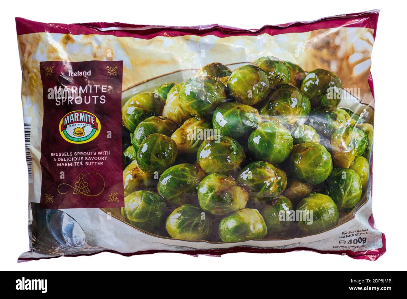 Packet of Iceland Marmite Sprouts isolated on white background Brussels Sprouts with a delicious savoury marmite butter ready for Christmas dinner Stock Photo Alamy
