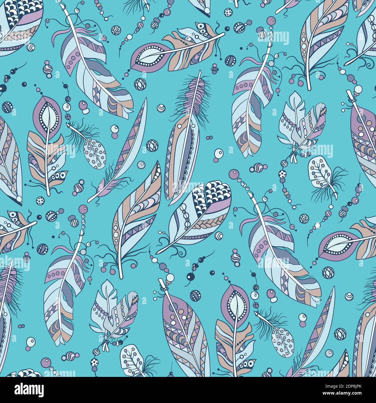 Seamless pattern with feathers and beads in vector graphic illustration ...