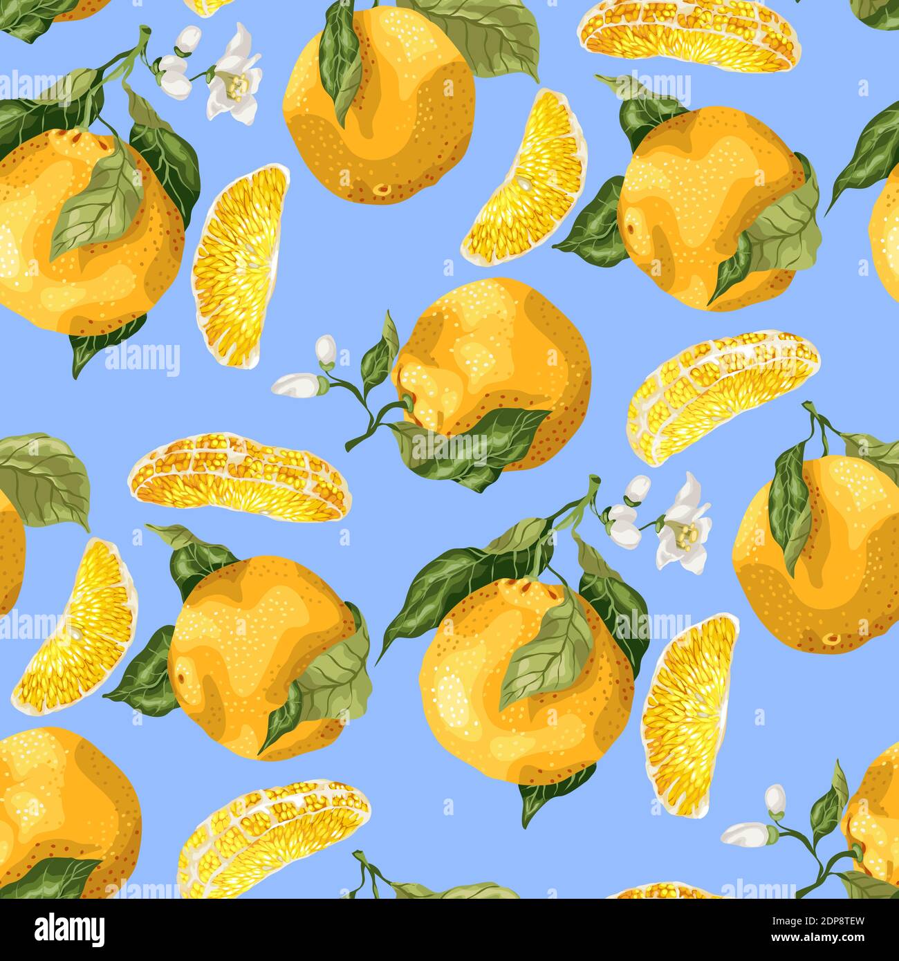 Seamless pattern with orange fruits and slices. Blooming flowers on the ...