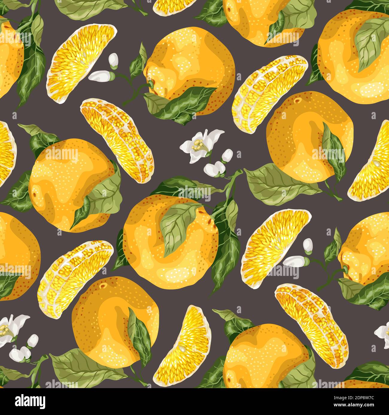 Seamless pattern with orange fruits and slices. Blooming flowers on the ...