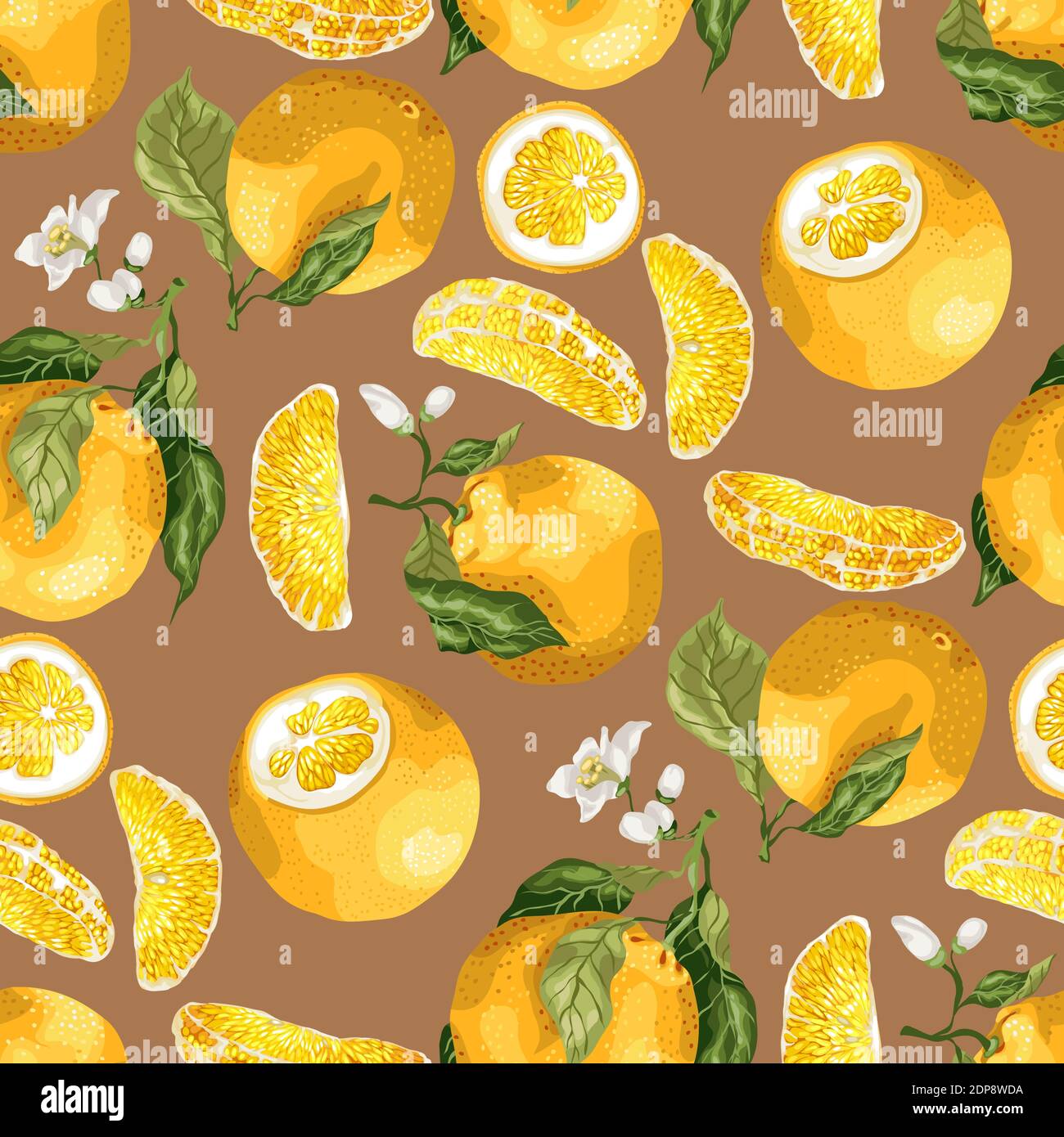 Seamless pattern with orange fruits and slices. Blooming flowers on the ...