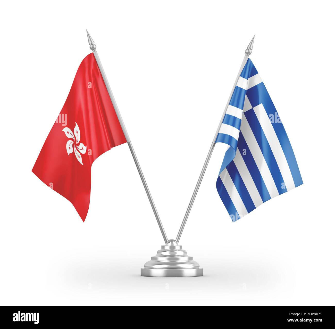 Greece and Hong Kong table flags isolated on white 3D rendering Stock Photo