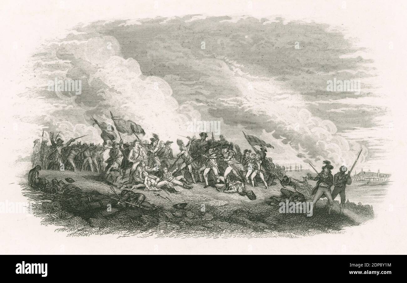 Antique c1860 engraving, The Battle of Bunker Hill, after “Death of General Warren at the Battle of Bunker Hill” by John Trumbull. SOURCE: ORIGINAL ENGRAVING Stock Photo