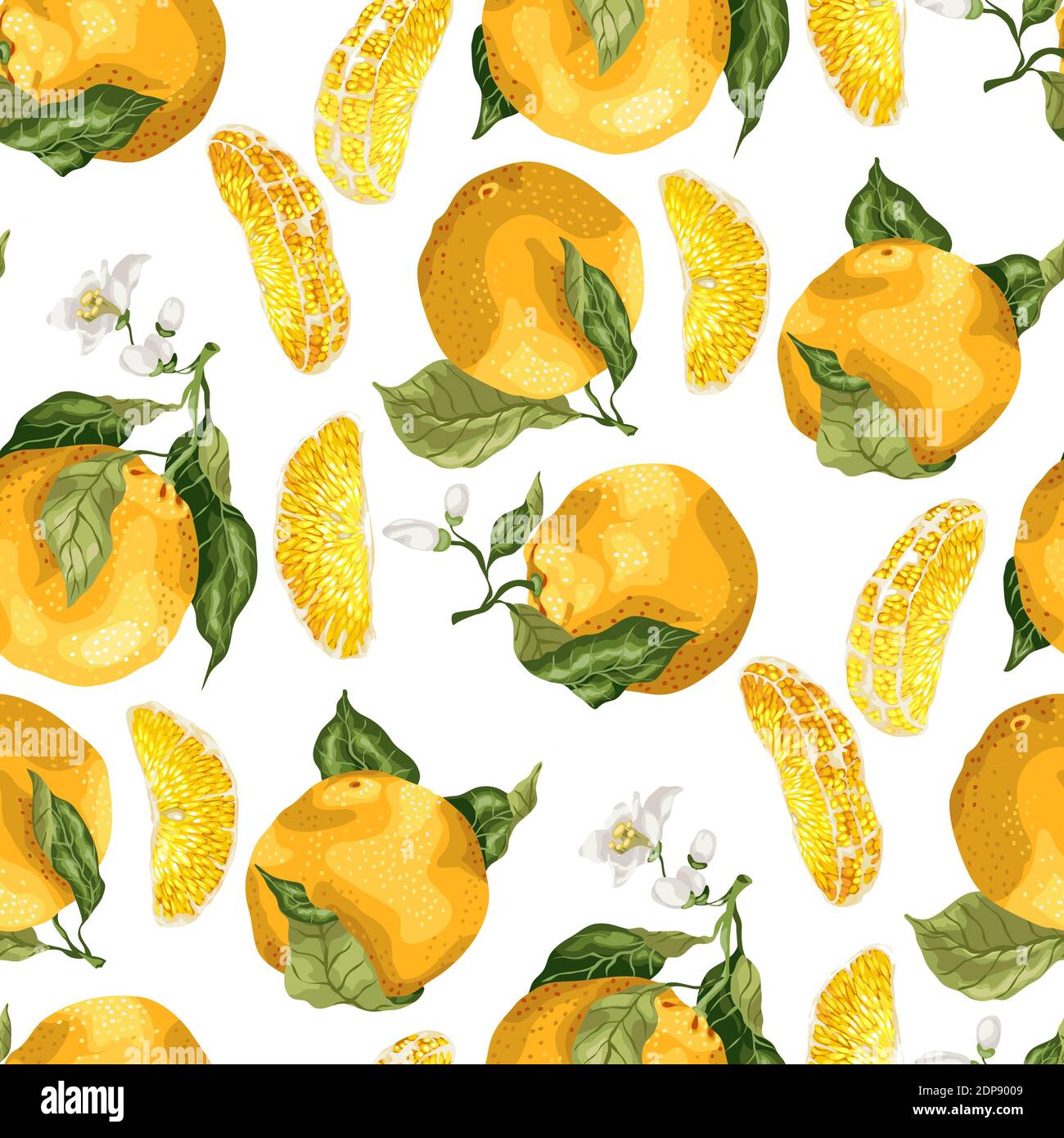 Seamless pattern with orange fruits and slices. Blooming flowers on the ...